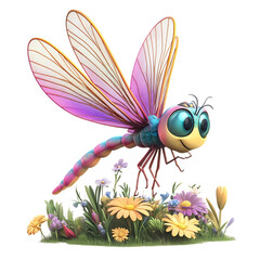 A 3D Cartoon Dragonfly with Shimmering Wings Buzzing Isolated on Transparent Background