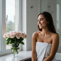 Smiling Woman in Towel by Window with Bouquet of Roses