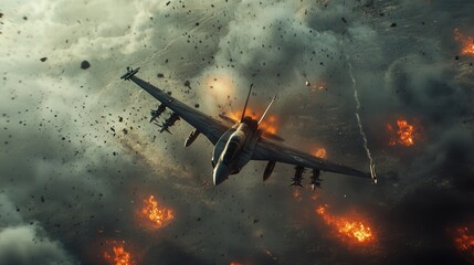 Flying over the battlefield, the fighter pilot sees the devastation below, with burning tanks, craters