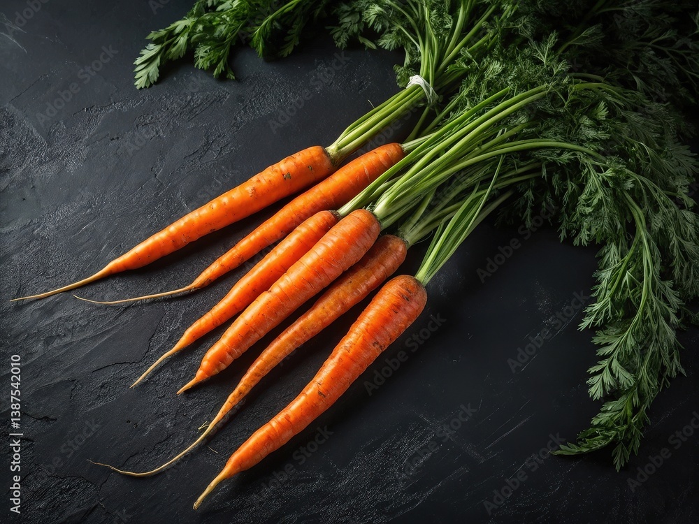 Poster fresh carrots with green tops attached laid out on dark textured surface emphasizing vibrant color a