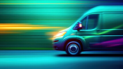 A brightly colored van speeds along a blurred urban road at dusk, showcasing the energy of city life and motion