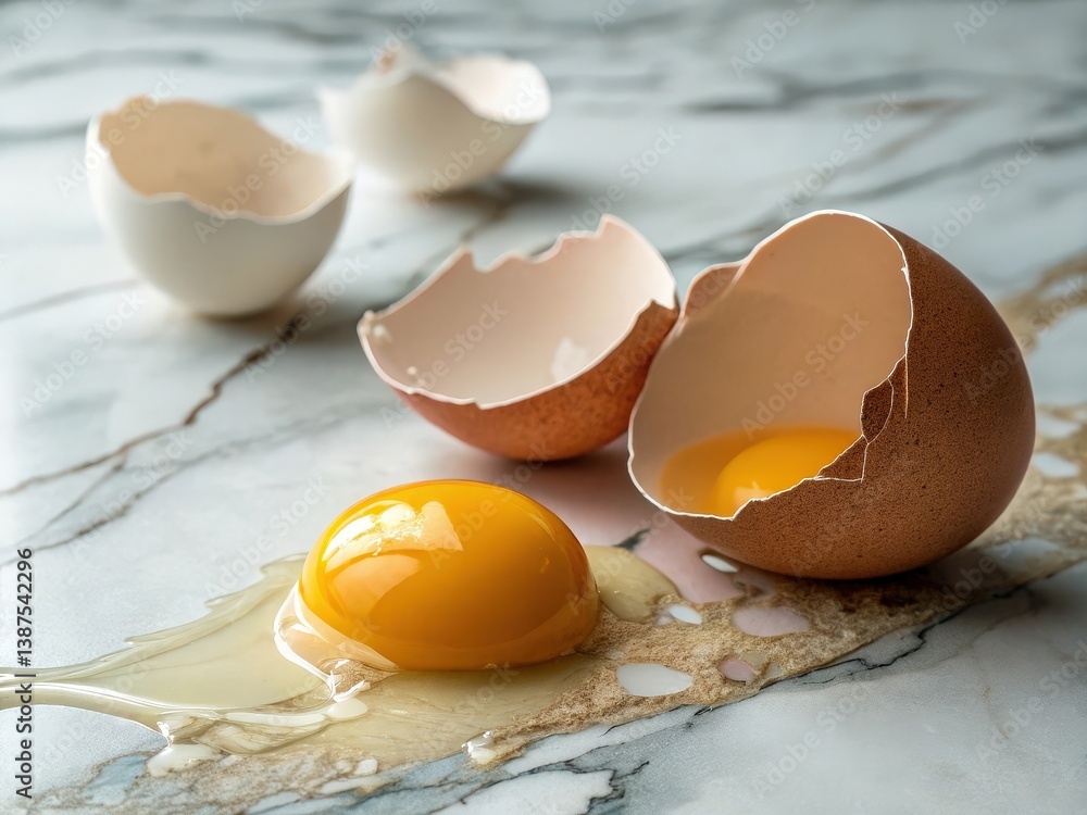 Poster cracked egg spilled on marble surface with broken shell pieces and four whole eggs in the background creating a textural contrast