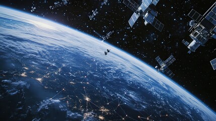 From the depths of space, Earth is surrounded by numerous satellites, creating a visible network of digital connections that encircle the planet