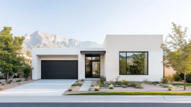 A modern, white house features a dark garage door and large windows. Landscaping complements the minimalist design. The high-resolution image is brightly lit, showcasing a clean aesthetic. Muted co