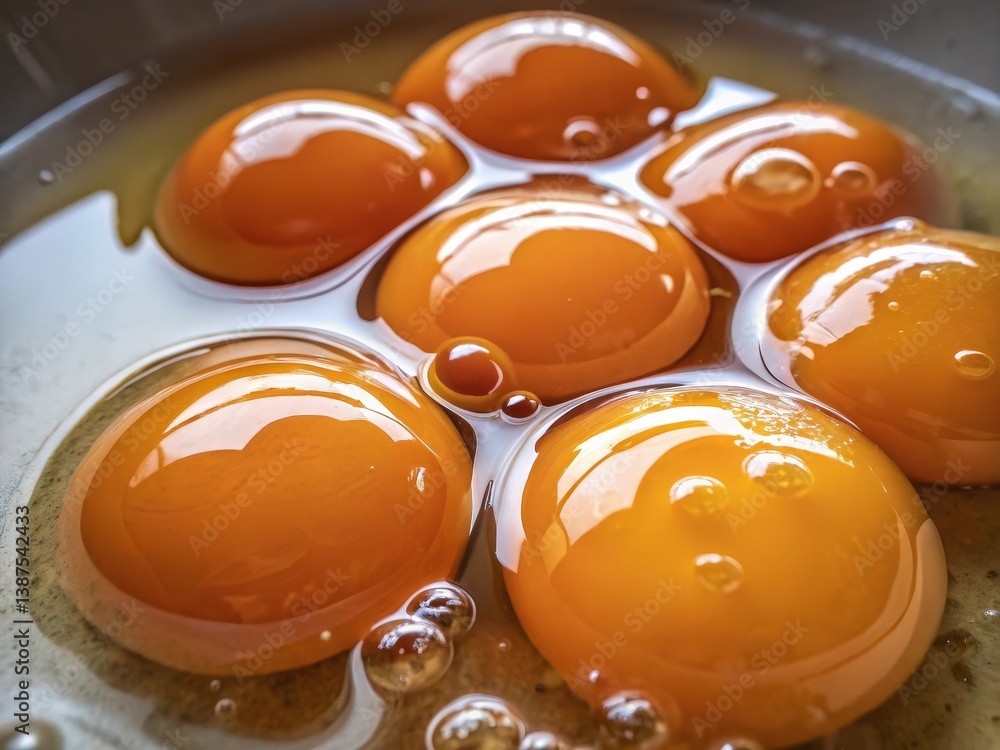 Poster bowl with eight vibrant orange egg yolks surrounded by clear egg whites and small bubbles emphasizin