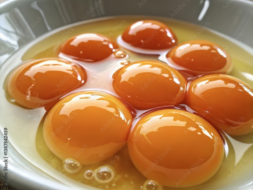 Poster bowl with eight vibrant orange egg yolks surrounded by clear egg whites and small bubbles emphasizin