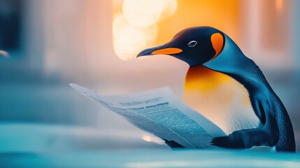 A penguin is holding a newspaper and appears to be reading, surrounded by a lively outdoor atmosphere on a sunny day