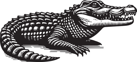 Crocodile Vector Art in Black and White – Detailed Reptile Graphic Design	