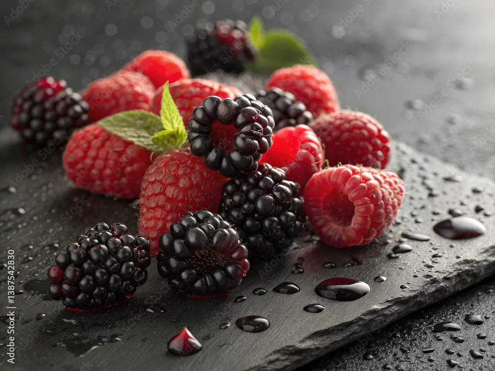 Aufkleber freshly washed raspberries and blackberries displayed with mint leaves and berry juice droplets on d