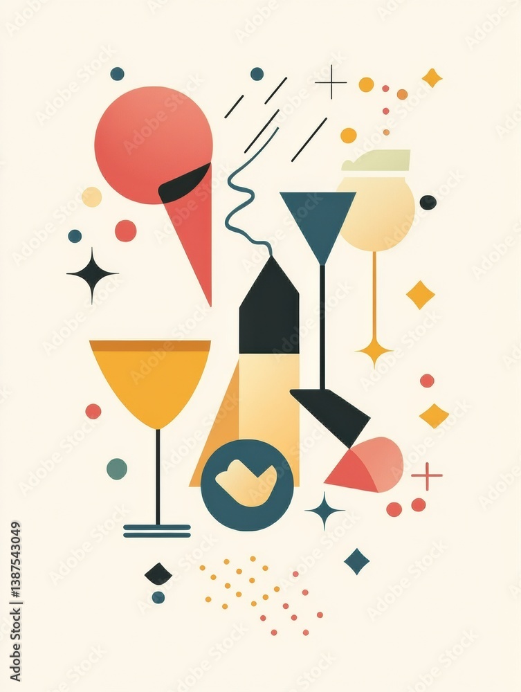 Poster modern party logo featuring vibrant icons and minimalistic typography with an abstract celebration t