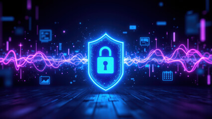 Naklejka premium Cybersecurity graphic with lock icon and digital sparkles.