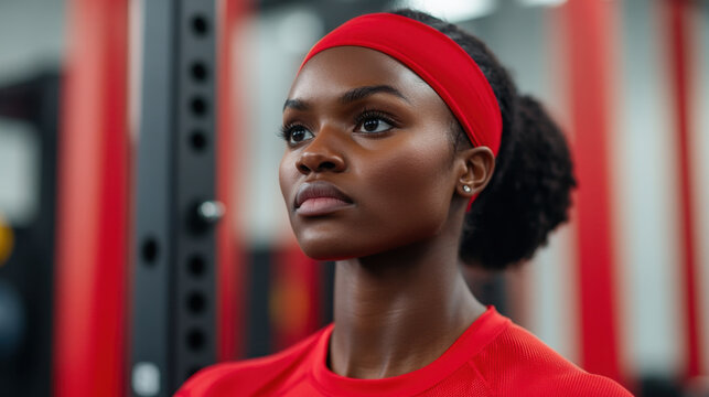 determination and focus of female athlete in gym setting, showcasing strength and agility while wearing red headband and athletic attire