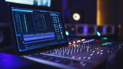 In a high-tech recording studio, the control desk displays a laptop with digital audio workstation software