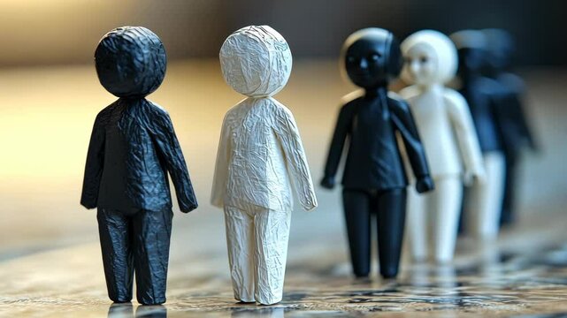 Minimalist black and white human-shaped figurines arranged in alternating pattern, symbolizing contrast, diversity, and unity.
