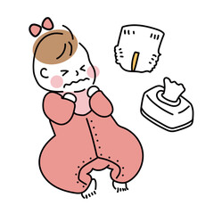 オムツ替えグッズと赤ちゃんのイラスト（泣き顔の女の子）