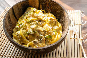 Close-up creamy mushroom udon ramen traditional asian