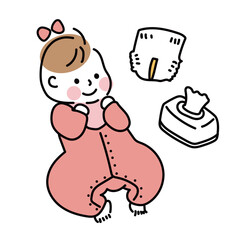 オムツ替えグッズと赤ちゃんのイラスト（笑顔の女の子）
