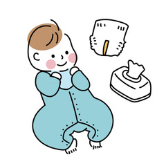 オムツ替えグッズと赤ちゃんのイラスト（笑顔の男の子）