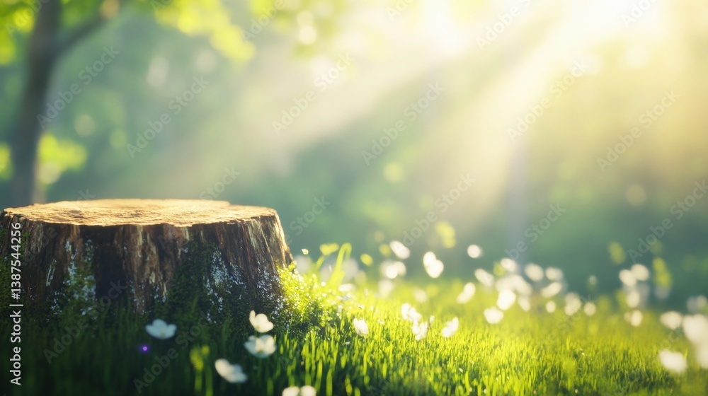 Poster sunlight streams through the trees, lighting up a clear forest area where a tree stump rests among b