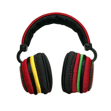 A Colorful headphones with reggae inspired design featuring red, yellow, and green stripes on ear cushions and headband, creating vibrant and lively appearance