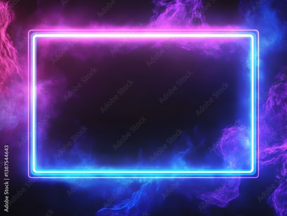 Poster A glowing rectangular neon frame amidst a colorful abstract background