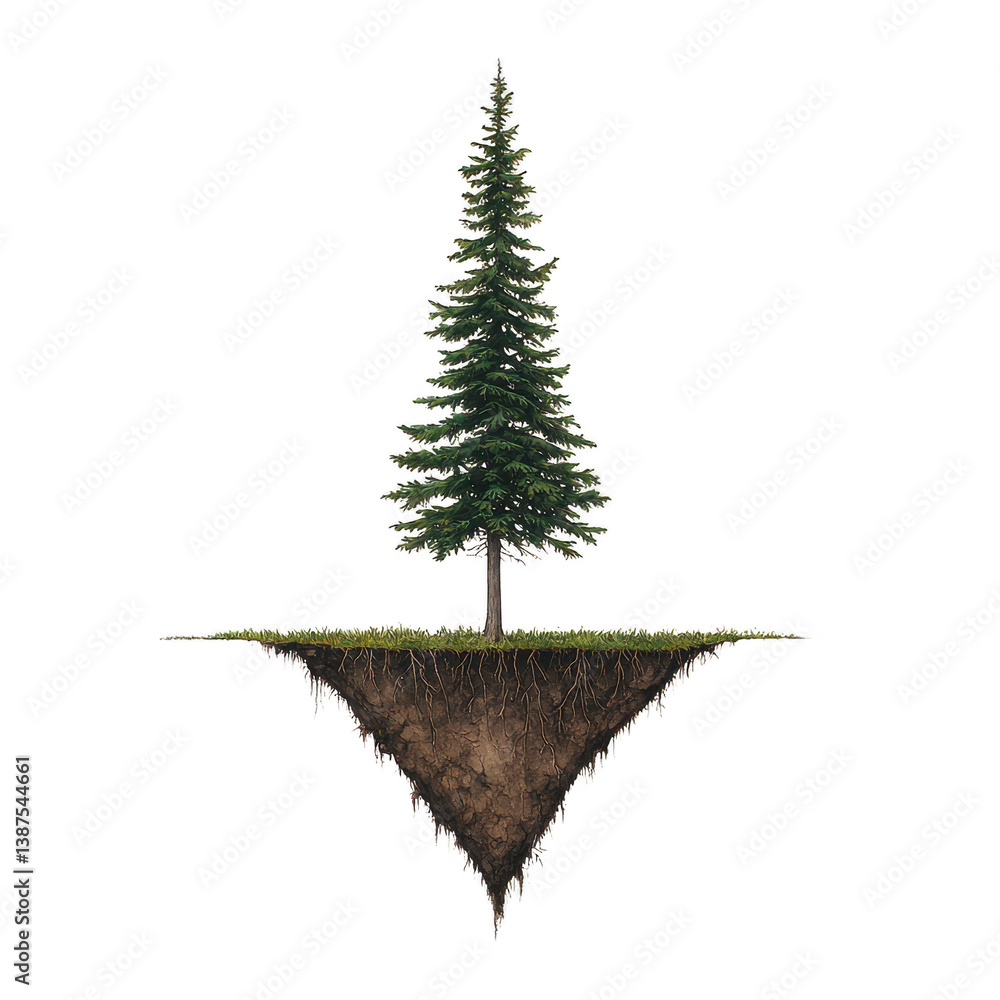 Poster a lone evergreen tree stands atop floating triangular piece of earth, showcasing roots and soil laye