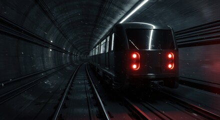 Naklejka premium A futuristic, dark-colored train speeds through a dimly lit tunnel, its red lights glowing in the darkness
