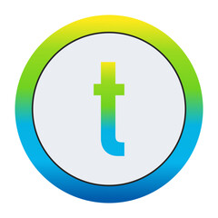 Obraz premium Vibrant Lemon Yellow, Soft Leaf Green, and Bright Sky Blue Gradient Lowercase Letter t in a Pure White Circle Framed by a Seamlessly Blended Color Gradient Border