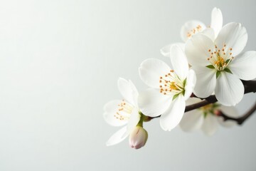 Delicate white blossoms against pure white background, photography, beauty