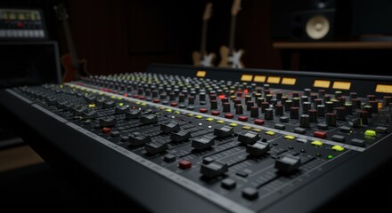 Obraz premium A close-up, low-angle shot of a professional audio mixing console with numerous knobs and sliders, illuminated by small lights, in a dimly lit studio environment