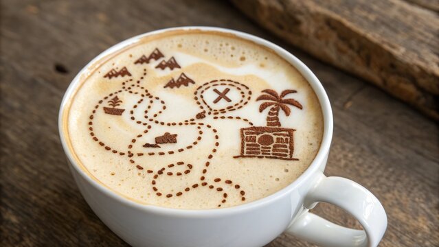 Latte art creates a whimsical map leading to hidden treasure in a cozy cafe setting