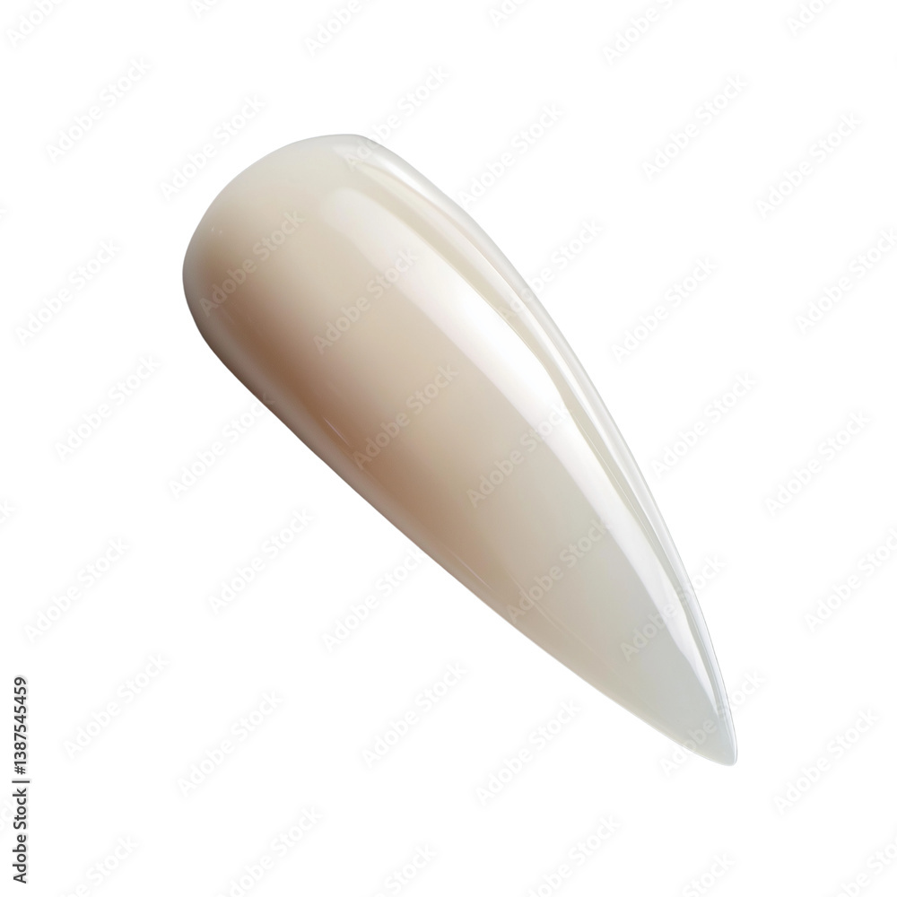 Poster a glossy, elongated fingernail tip in a neutral tone, displayed showcasing its smooth surface and el