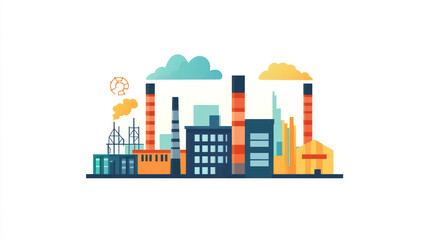 Industrial Complex Landscape Illustration - Factory Buildings and Smokestacks