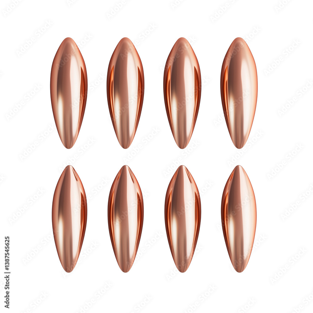 Poster nine polished, elongated shapes arranged in a grid pattern, showcasing a metallic rose gold finish e