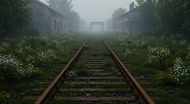 Overgrown Railroad Tracks Leading Through Foggy Landscape with Abandoned Buildings