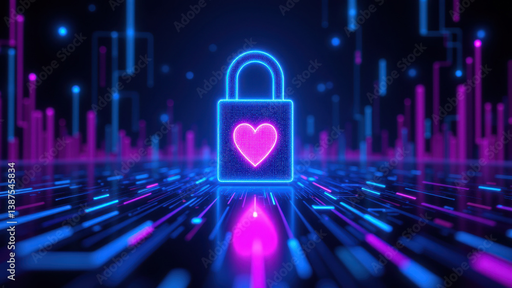 Poster cybersecurity lock with digital network background.