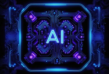 Futuristic neon ai circuit board with glowing lights and geometric patterns