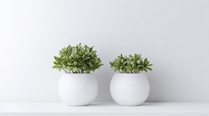 Two small potted plants sit on a white surface against a white wall. The plants have light green leaves and are in simple, round white pots. The image is clean and minimalist, with soft lighting and
