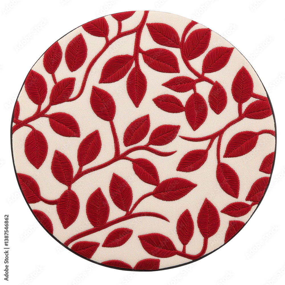 Poster a round fabric coaster features elegant red leaf pattern on beige background, creating stylish and d