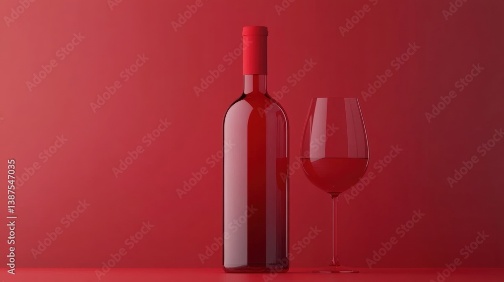 Poster a well-arranged wine bottle and glass rest on a surface with a striking red background, creating an 
