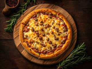 Table top view of a freshly baked pizza with sausage and rosemary. pizza on a wooden board. Created with Ai