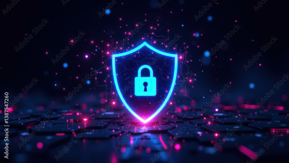 Aufkleber cybersecurity lock icon with glowing particles on a keyboard background.