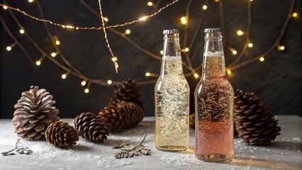 Sparkling drinks beside stylish pinecones and twinkling lights create an inviting atmosphere for holiday gatherings in winter