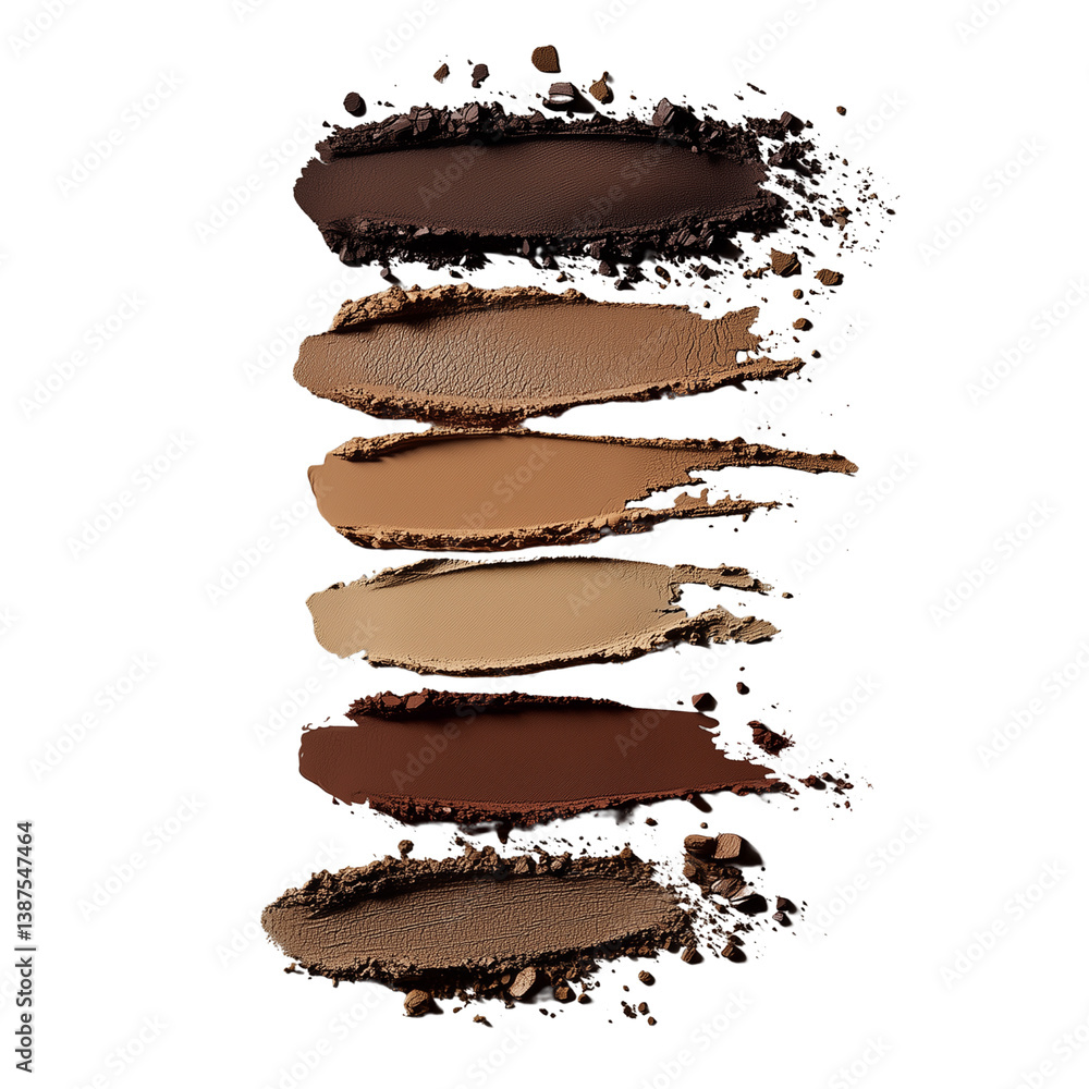 Poster five shades of eyeshadow are arranged in horizontal stripes, showcasing various earthy tones emphasi