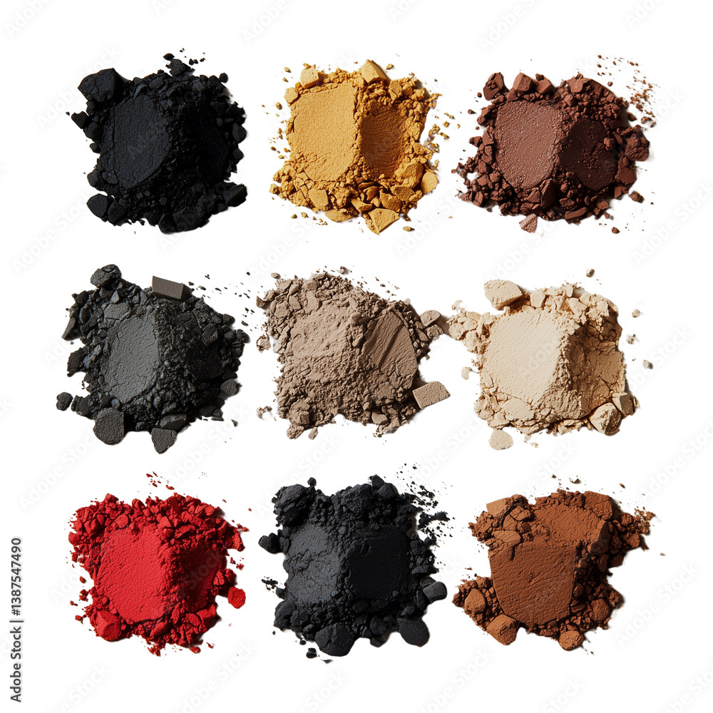 Poster various colorful cosmetic powders arranged in a grid showcasing a range of textures and shades suita