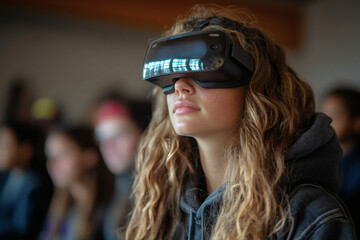 A young woman wearing virtual or augmented reality glasses in a class