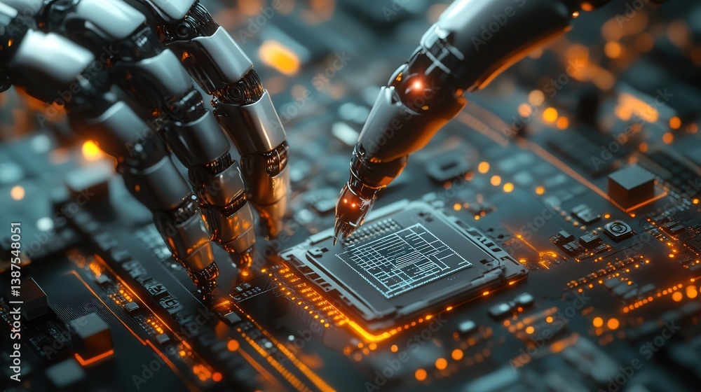 Poster in this innovative animation, a robotic arm interacts with a sleek supercomputer processor, illustra