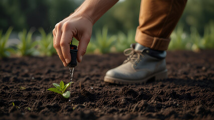 Close-up of a hand planting a small seedling in freshly tilled soil symbolizing growth sustainability and agricultural development
