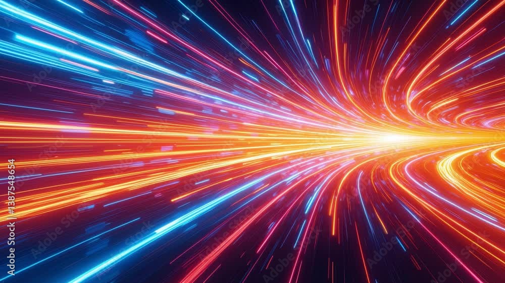 Poster a vibrant, abstract representation of flowing light trails in a digital landscape