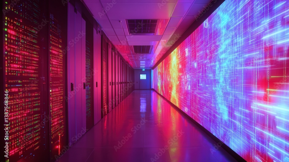 Aufkleber in this shot, the corridor of a data center is filled with high-tech rack servers, with colorful int